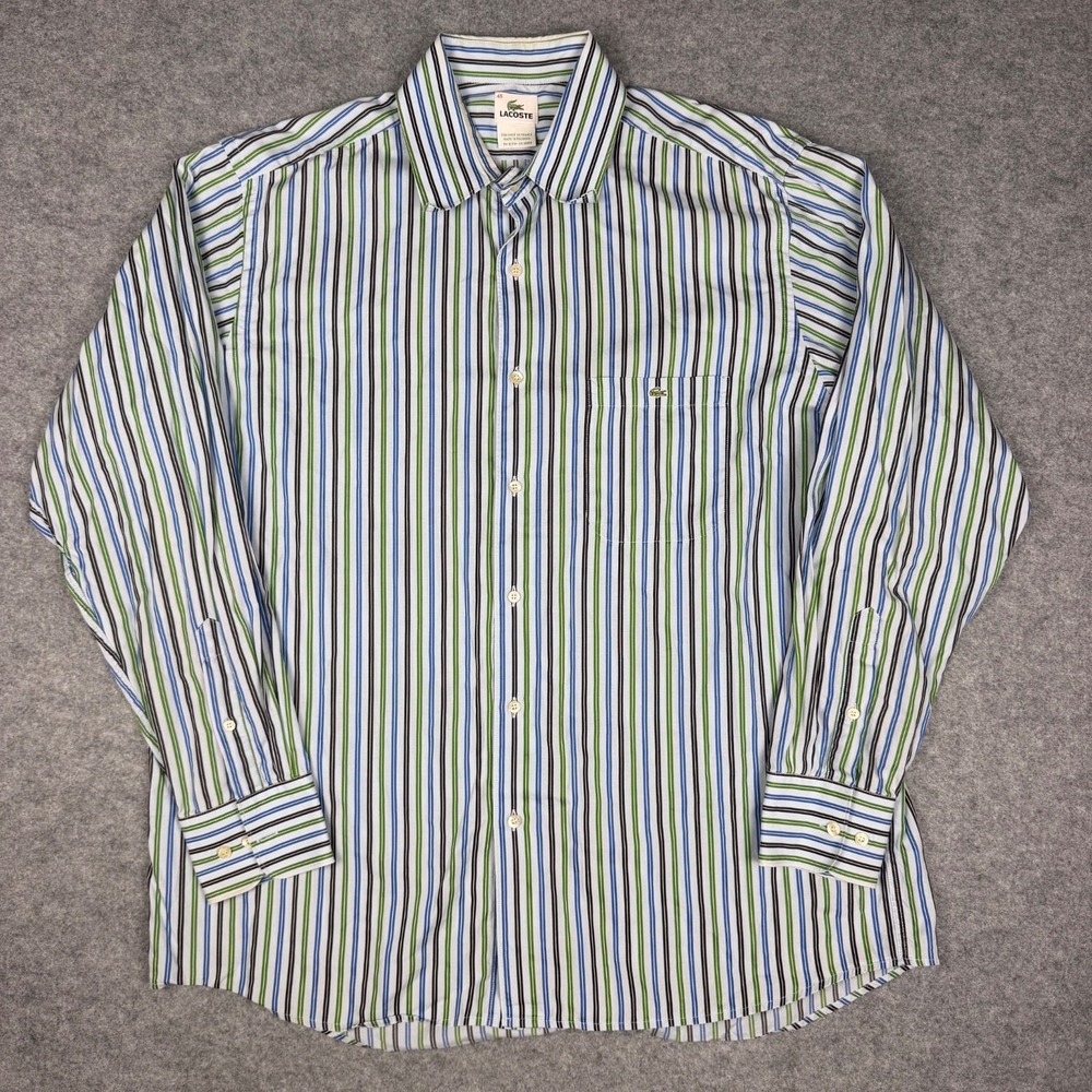 Lacoste Men Long Sleeve Button Up Dress Shirt Striped Blue Green Croc Size 45 XL